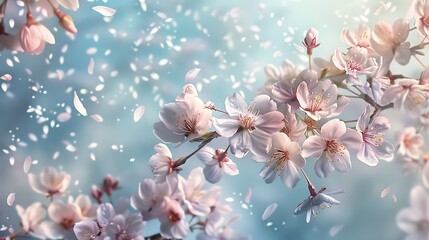 Create an airy composition with delicate cherry blossoms in full bloom, their petals gently falling.