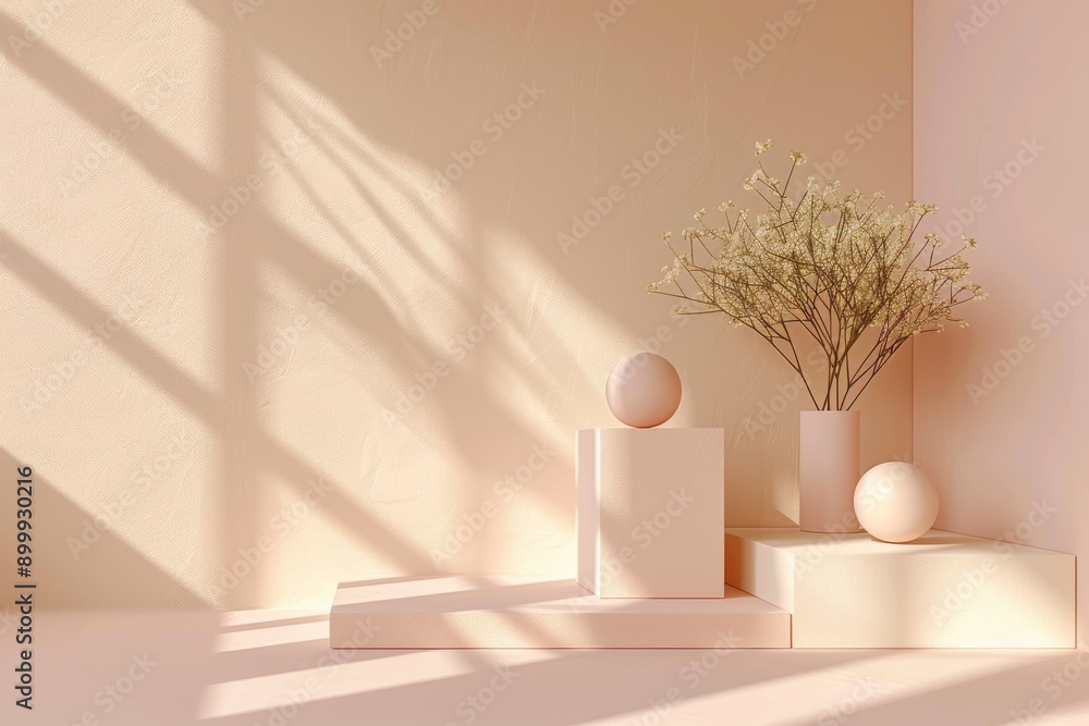 Poster beige background with soft pink geometric shapes and textured cubes creating a minimalist aesthetic