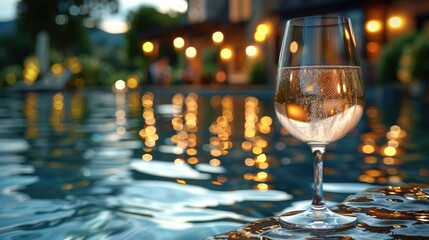 The glass of white wine on the edge of the luxury pool, summertime