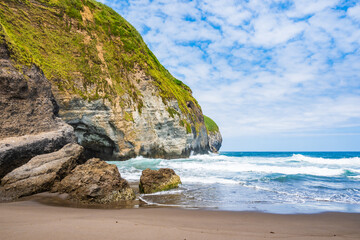 Amazing Saota Barbara beach with black sand and cliffs in ocean, Sao Miguel island, Azores, Portugal