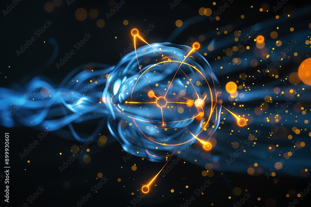 Poster Abstract digital representation of an atom with glowing blue and orange elements swirling on a dark background, depicting science and technology.