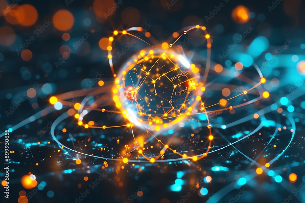 Poster Abstract digital representation of futuristic technology with glowing lights and interconnected atomic structure on a dark background.