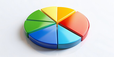 Fototapeta premium Vibrant pie chart with brightly colored slices in shades of blue, green, yellow, orange, and red, set against a clean white background with subtle shadow.