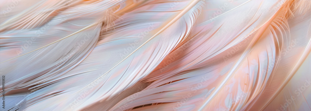 Poster Delicate Bird Feathers Displaying Soft Pastel Patterns on Light Background in Natural Setting