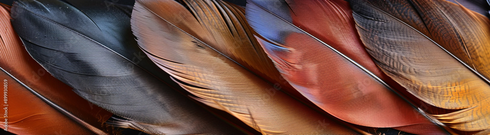 Poster Natural Earth Tone Bird Feathers Arranged in a Striking Pattern Against a Soft Background