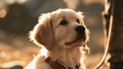 A golden retriever puppy is sitting on the ground with its head tilted to the side. The puppy is wearing a red collar and he is looking at the camera.