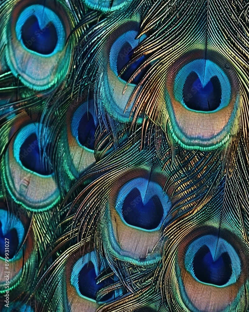 Aufkleber Captivating Close-Up of Vibrant Peacock Feathers Displaying Intricate Patterns Against Soft Background