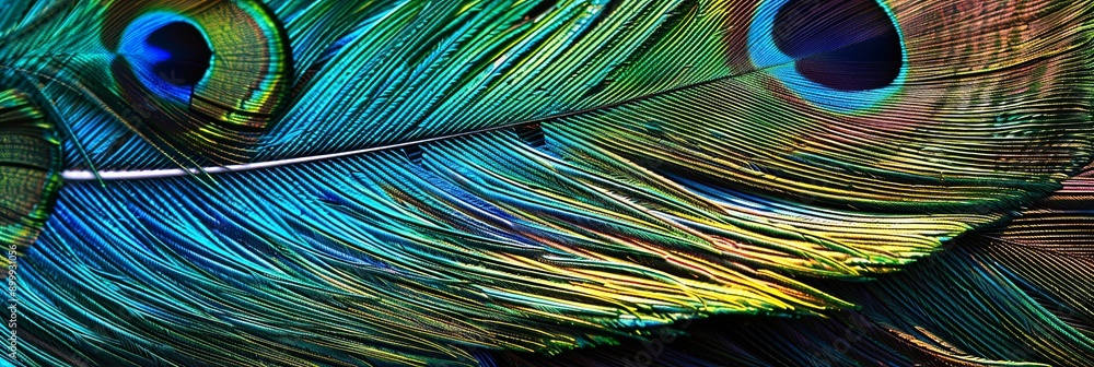 Poster captivating close-up of vibrant peacock feather pattern against soft pastel background