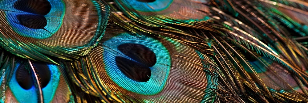 Poster detailed close-up of vibrant peacock bird feathers on soft color background