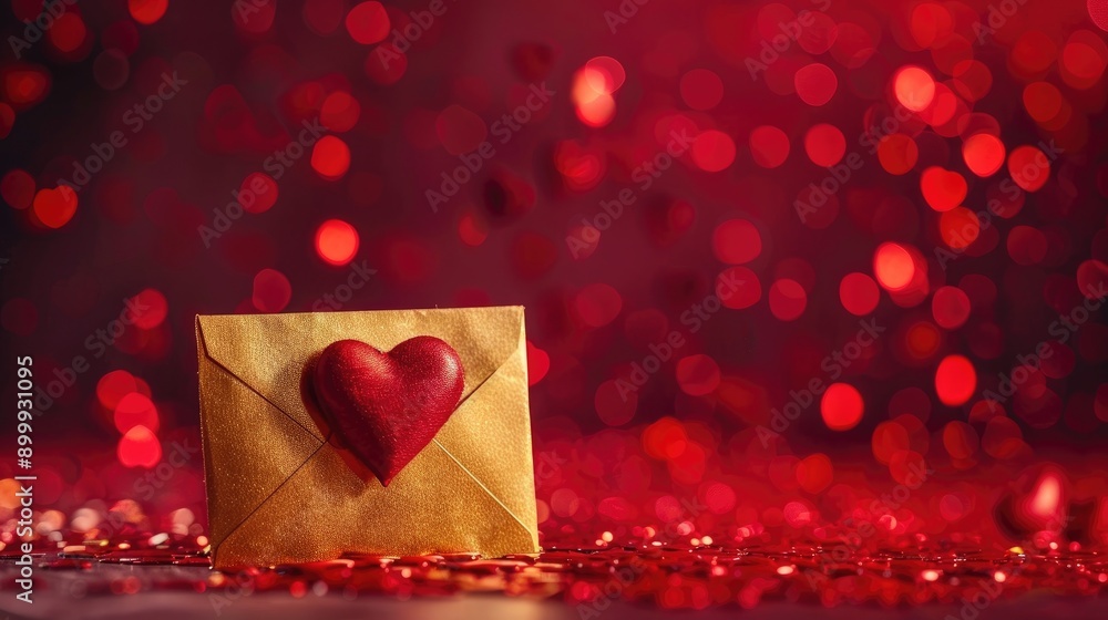 Poster romantic message in gold envelope on heart filled red backdrop customize text space