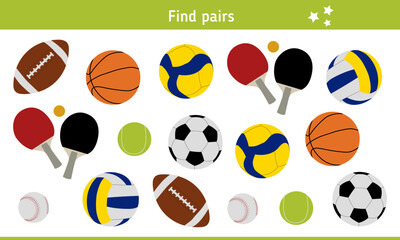 Find pairs for balls for various sports games, inventory for sportsmen. Children's educational game, logical task. Riddle, quiz for kids