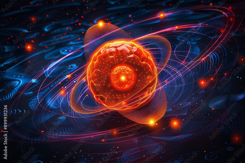 Poster abstract representation of an atom with glowing particles, orbiting electrons, and energy patterns o
