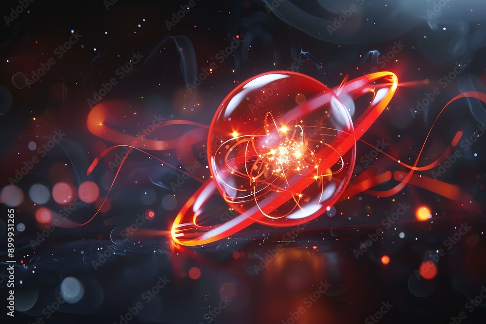 Aufkleber Futuristic digital illustration of a glowing abstract globe with neon trails and particles, representing innovation and technology.