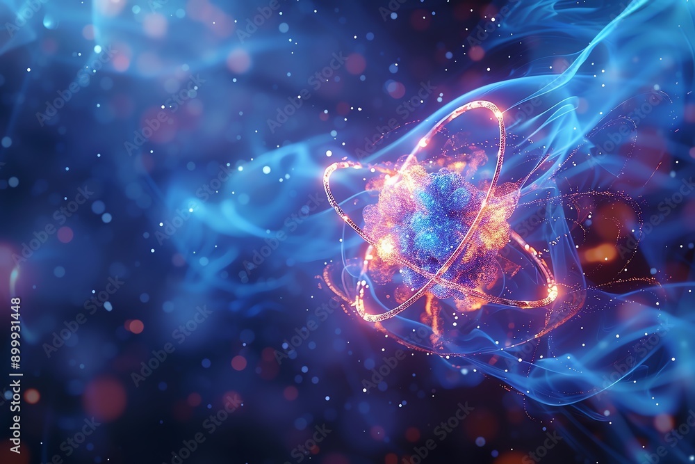Leinwandbilder abstract visual of an atom at the quantum level surrounded by glowing blue energy particles in a cos