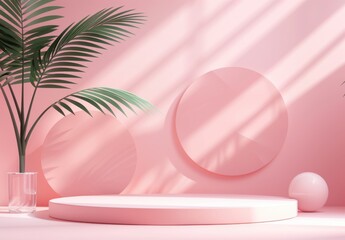 Minimalistic 3D podium scene for product presentation with abstract geometric shapes and palm leaf on pastel pink background. 3D Rendering Mock up