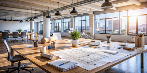 Empty modern office space with architectural drawings, blueprints, and design tools scattered on a large table, symbolizing collaborative construction project planning.