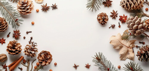 Pine cones, spruce branches, dried forest fruits and spices with a place for an inscription on a white, plain background