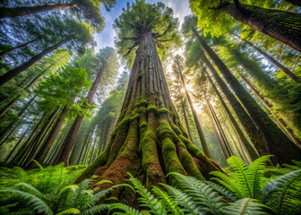 Majestic redwood tree stands tall above lush forest, its massive moss-covered trunk adorned with vibrant ferns, teeming with life and ancient wisdom.