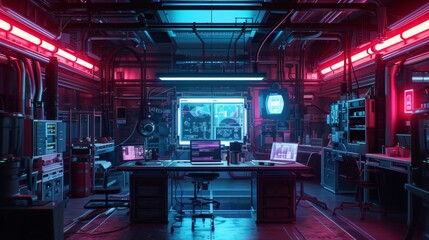 Fototapeta premium A high-tech laboratory featuring vibrant neon lights and modern equipment, perfect for advanced scientific research. The setting is futuristic and dynamic, equipped with the latest technology to