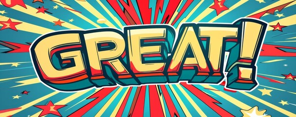 Cheerful pop-art banner with the word great in bold letters and vibrant colors