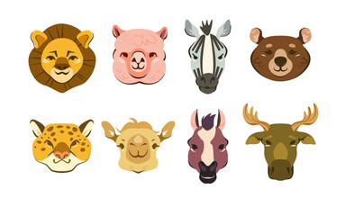 Set of cute cartoon adorable animals face including lion, leopard, bear, camel, alpaca, horse, zebra and moose.