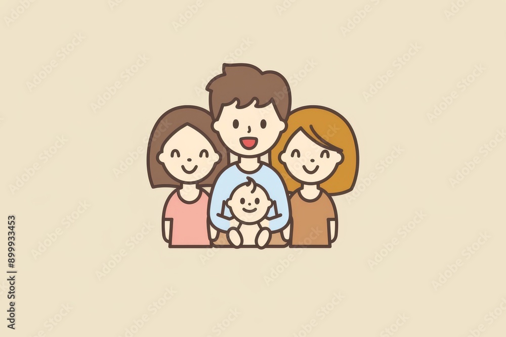 Poster illustrated family with three children simple lines warm colors highlighting the joy and unity of a 