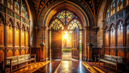 Obraz premium Warm sunlight pours through the ornate entrance as ancient wooden doors creak open, revealing a serene and majestic interior of a historic church.