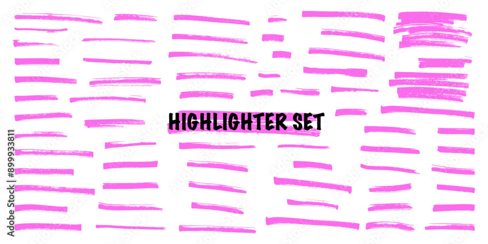 Poster pink highlight marker lines isolated on white background. various marker pen strokes with different 