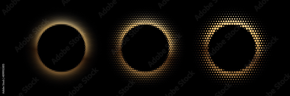 Poster gold dotted round patterns. golden frames with halftone effect. abstract shining background with lig