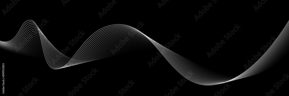 Poster wave dots abstract pattern. flow of white curved dotted lines vector illustration isolated on black 