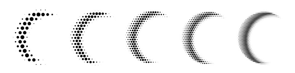 Circle moon in halftone dots pattern set. Crescent moons in black dots on white background. Gradual transition in dot size creates modern abstract digital geometric decorative design. © Mariquita vector