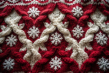 Knitted sweater pattern, red and white colors, top view