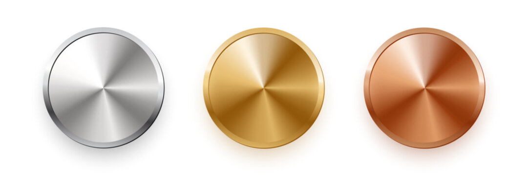 Gold, silver, bronze circle medals. Metal coins. First, second, third place award frames isolated on white background. Winners trophy. Blank shiny badge, banner, label. Realistic vector illustration.