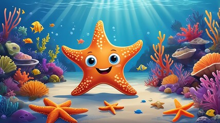 Title Smiling starfish, coral, fish, seabed, ocean.
Suitable for marinethemed designs, underwater projects, educational materials, travel brochures, and ocean conservation campaigns.