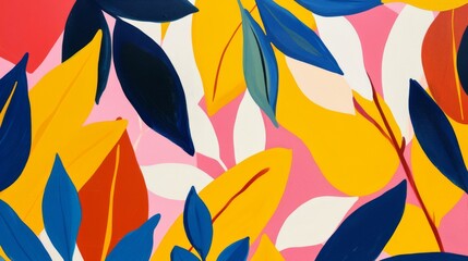 A striking abstract pattern of colorful leaves in shades of yellow, blue, and orange against a pink background. This bold and vibrant design is perfect for modern art enthusiasts, adding a pop of