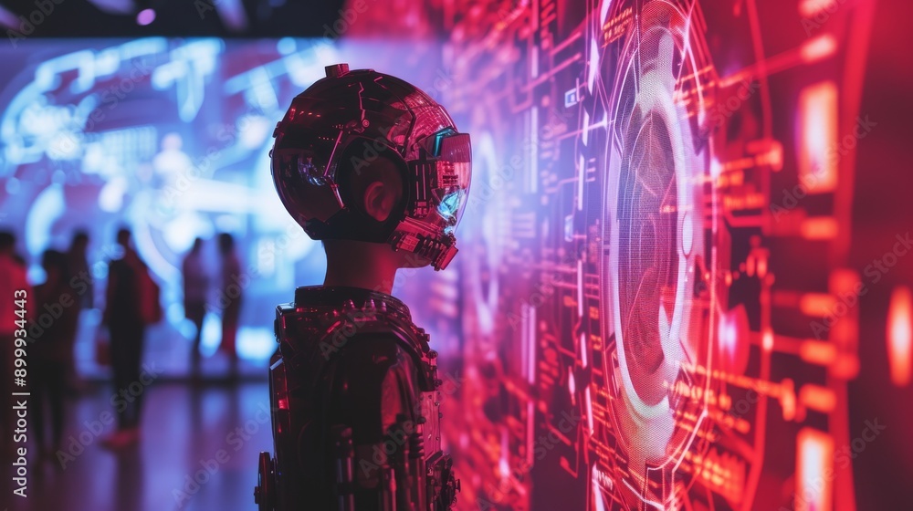 Poster a futuristic robot stands in a high-tech environment, interacting with digital displays glowing with