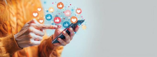 Social media and digital online communication concept, man using smartphone with likes icons on social media. Banner background.