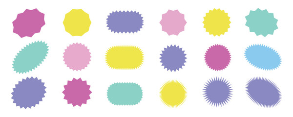 sticker starburst shape, sale price tag, colorful sun, circle and oval label, Badge star, round discount icon isolated on white background. Color vintage banner set. Vector illustration
