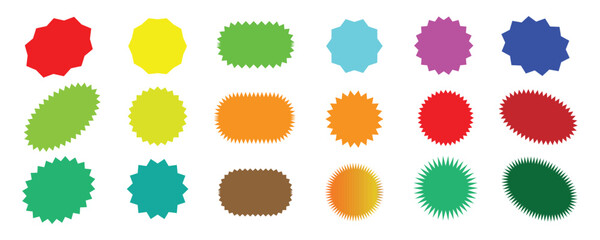 sticker starburst shape, sale price tag, colorful sun, circle and oval label, Badge star, round discount icon isolated on white background. Color vintage banner set. Vector illustration
