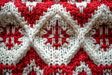 Knitted sweater pattern, red and white colors, top view