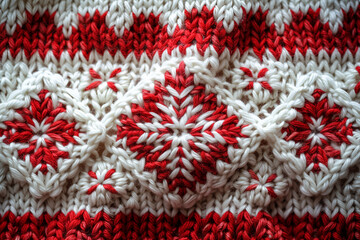 Knitted sweater pattern, red and white colors, top view