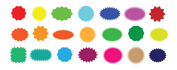 Set of colorful Star burst sticker vector set. rectangle and square, oval and circle shapes with wavy edges. starburst flower sale badge. tags or labels. Vector flat illustration.