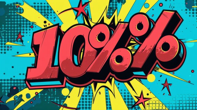 Bright comic book style illustration of a 10% sale sign with vibrant colors and dynamic patterns