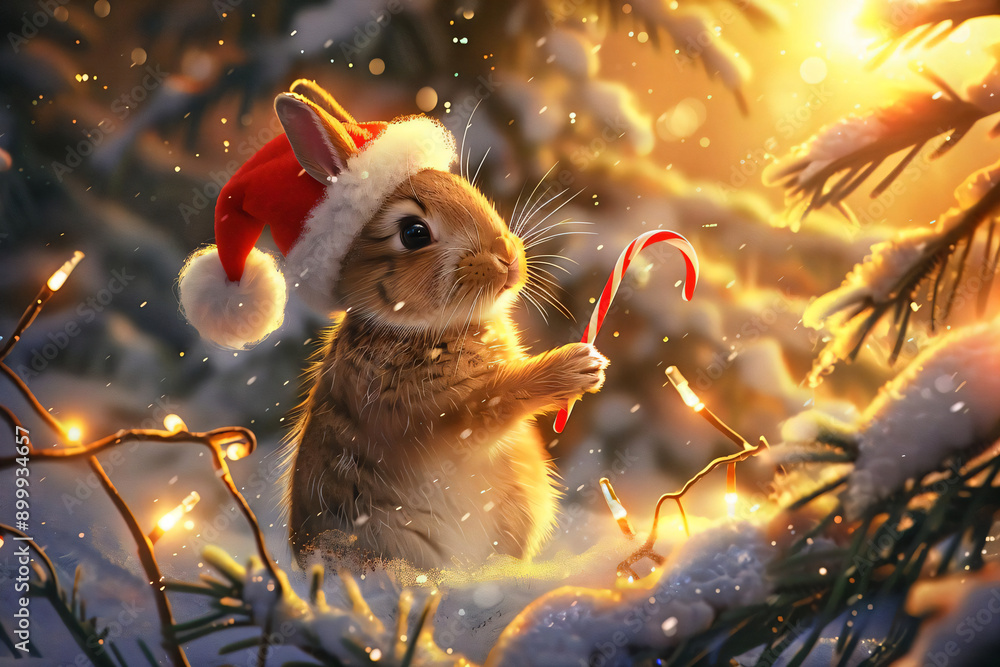 Poster Cute bunny in Santa hat with candy cane.