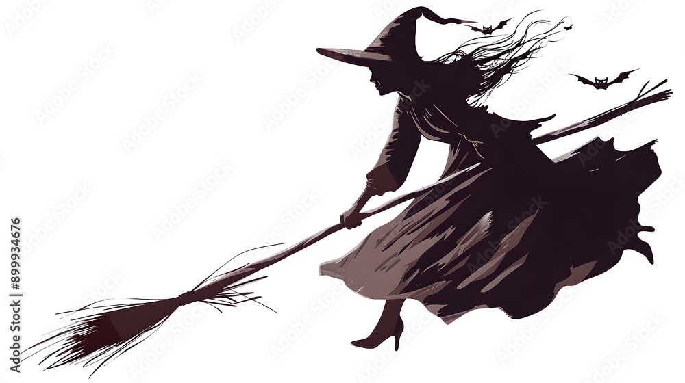 Wall mural Vector Witch on a Broomstick, Graphic Illustrative for Halloween, Spooky and Magical Flying Sorceress Design Element, png file, isolated on white