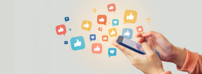Social media and digital online communication concept, man using smartphone with likes icons on social media. Banner background.
