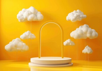 Bright yellow podium with white clouds for product display. 3D Rendering Mock up