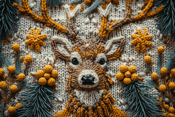 Fototapeta premium Knitted texture of a New Year's sweater with deer and Christmas trees, top view background