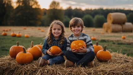 Fototapeta premium children prepared pumpkins for Halloween