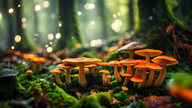 Fairy tale forest and mushrooms with orange caps growing on forest floor, surrounded by lush green moss. Soft, warm sunlight filters through trees, casting magical glow over mushrooms